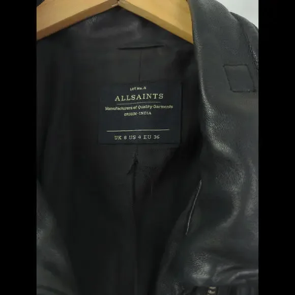 ALLSAINTS Women's Sz 4 S STEINE Black Leather Motorcycle Rider Zip Jacket